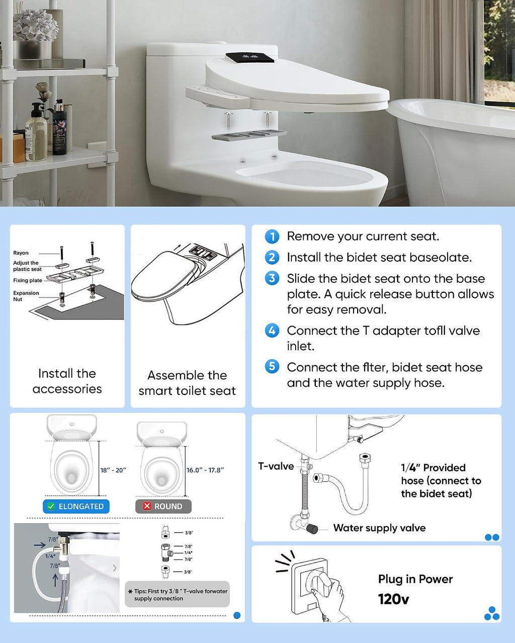 Electric Bidet Toilet Seat Elongated with Heated Seat, Warm Air Dryer, Endless Warm Water, Oscillating and Pulsating Spray Wash, Stainless Steel Self-Clean Nozzle (Bidet Toilet Seat Elongated 2)