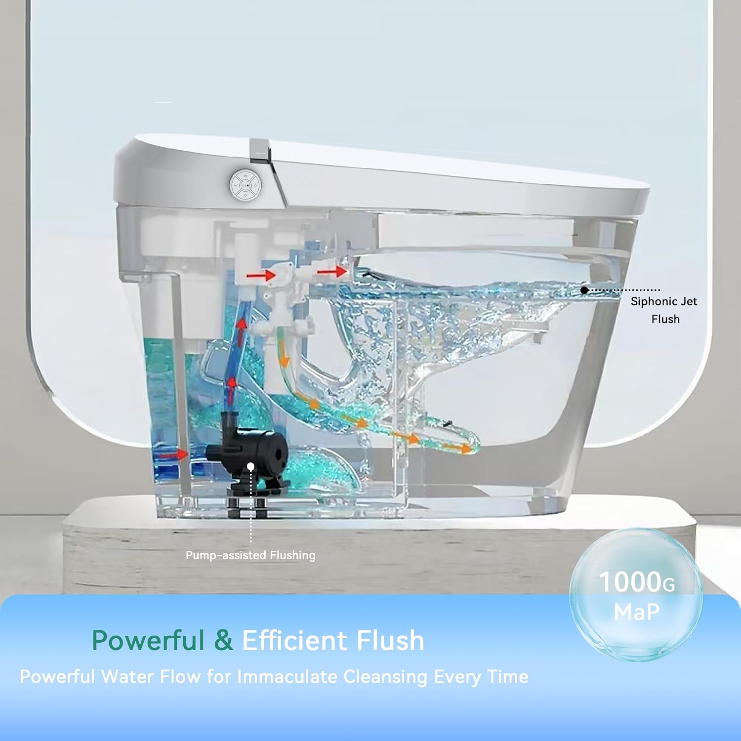 Smart Toilet,One Piece Toilet with Auto Open Close, Auto Flush, Foot Sensor Operation, Heated Seat，Warm Water & Dryer，Night Light，LED Display,White Remote Control