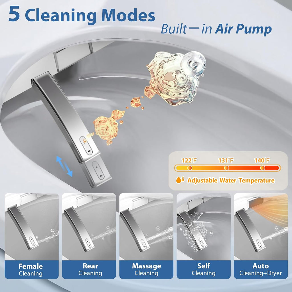 R FLORY Electric Bidet Toilet Seat Elongated Heated Toilet Seat with Bidet Slow Close Lid, Remote Control, Air Pump Flushing, Adjustable Self-Clean Nozzle, Instant Warm Water, Air Dryer, Night Light