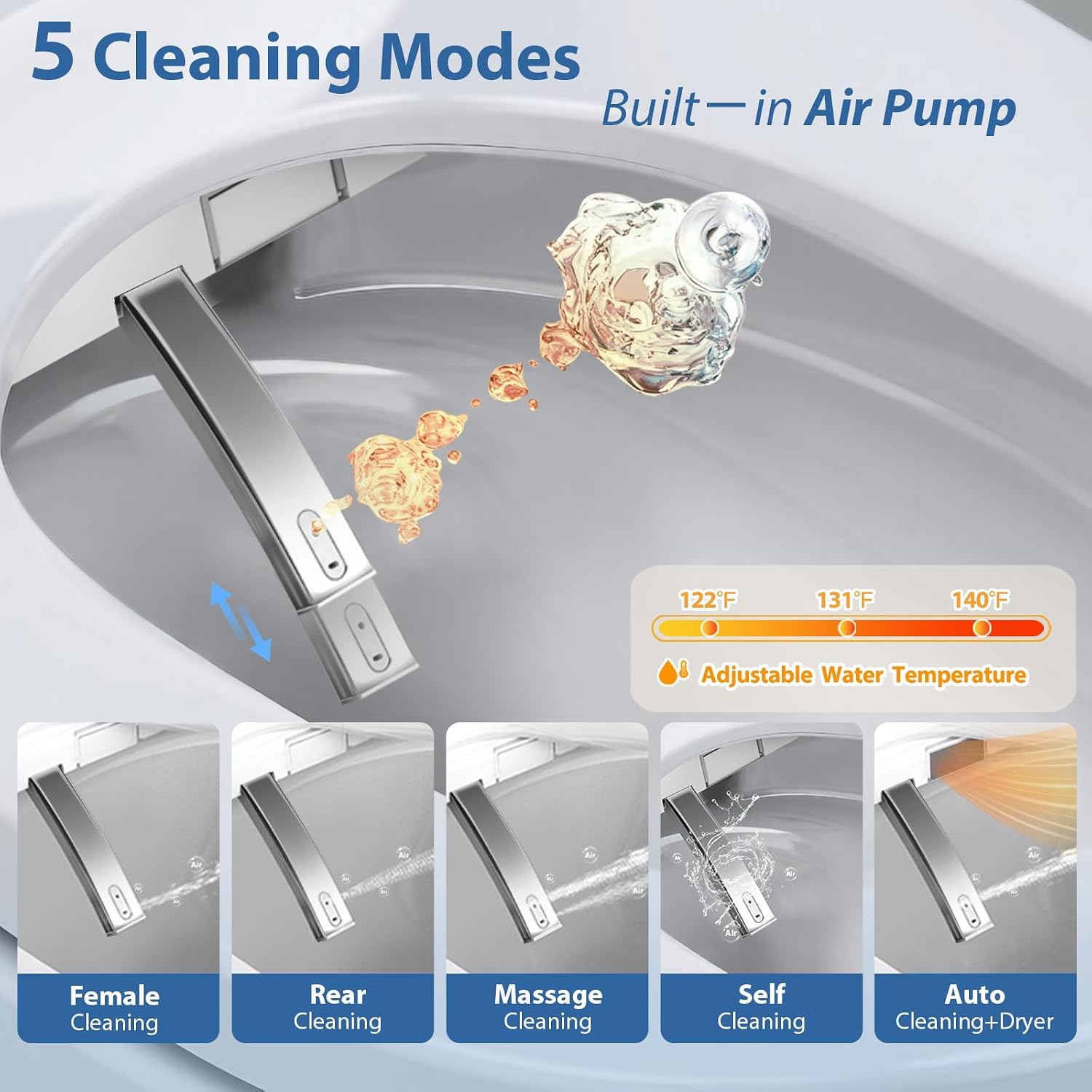 R FLORY Electric Bidet Toilet Seat Elongated Heated Toilet Seat with Bidet Slow Close Lid, Remote Control, Air Pump Flushing, Adjustable Self-Clean Nozzle, Instant Warm Water, Air Dryer, Night Light