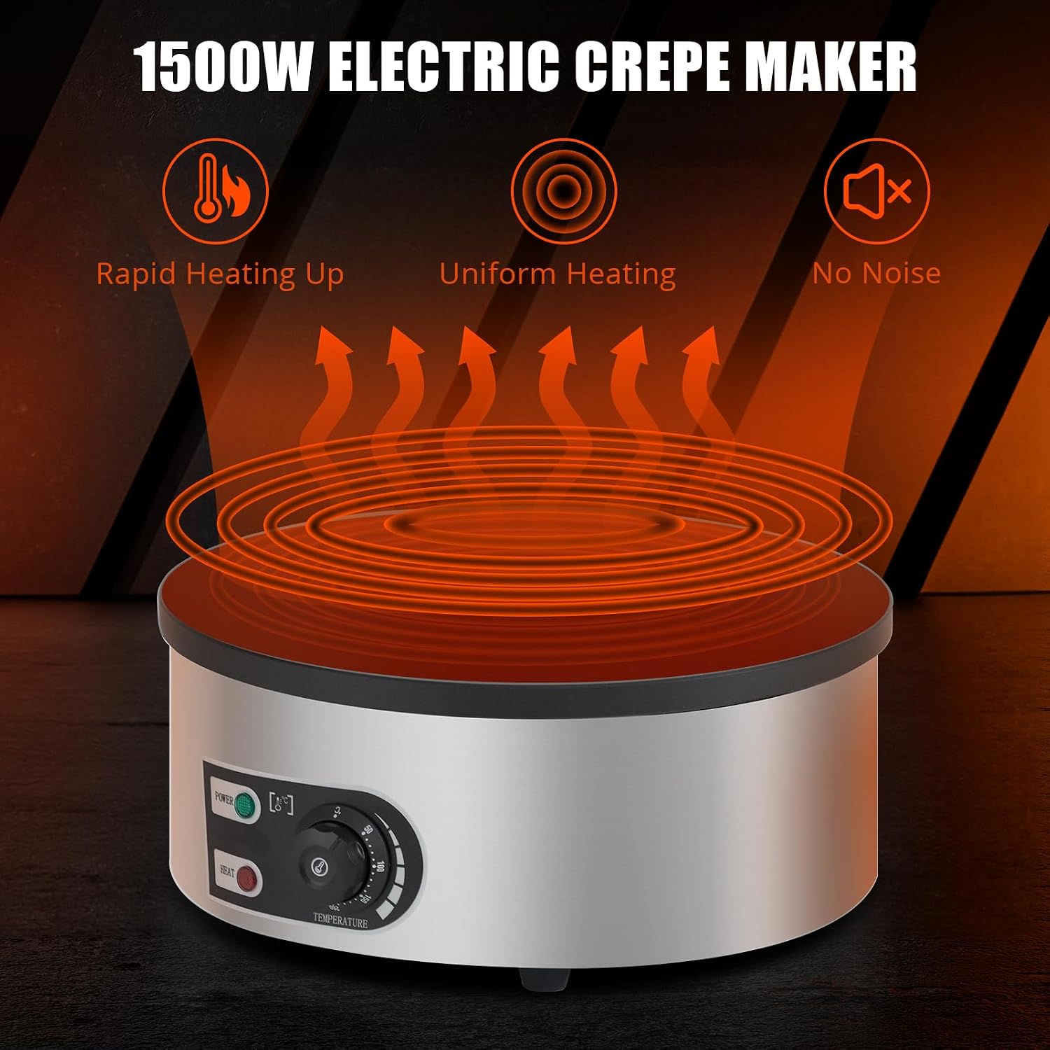 16' Commercial Electric Crepe Maker & Pancake Griddle, 1500W Non-Stick Plate, Stainless Steel Round Base, Adjustable Temp Control, 110V for Crepes Blintzes Eggs Bacon