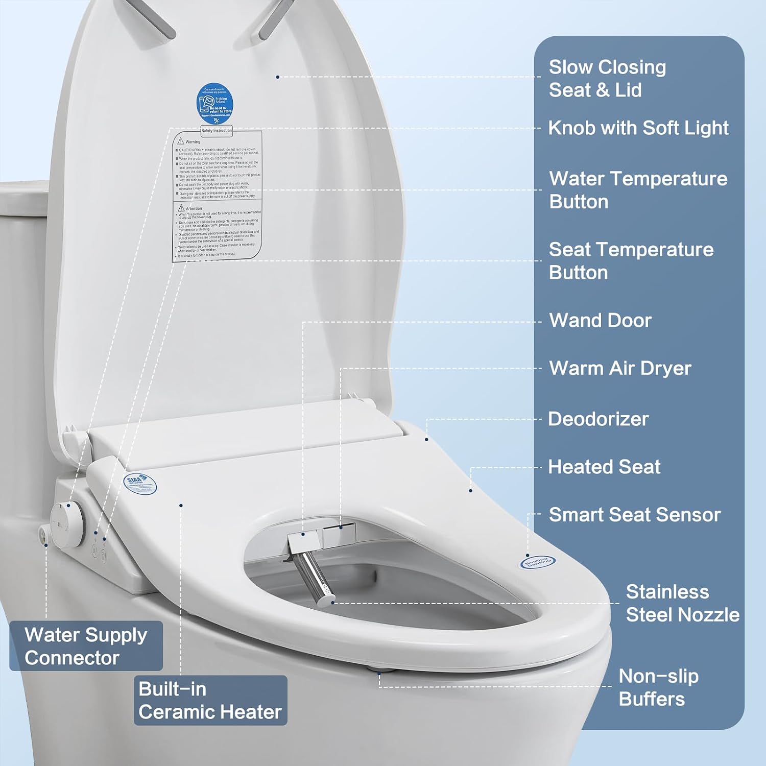 Smart Bidet Toilet Seat with Remote, Adjustable Heated Seat&Air Dryer, Endless Instant Warm Water, Multiple Spray Modes, Stainless Steel Nozzle, Soft Close, Deodorizer, 3D Curved(AMZ-US-NKH3101-NA)