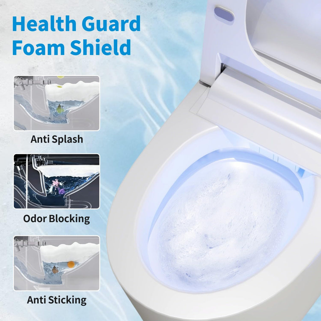Smart Toilet with Powerful Flush, Auto Open/Close Lid, Foot Sensor,One Piece Toilet with Elongated Heated Seat,Foam Shield,Soft Close, Tankless Toilet with Fahrenheit Temp Display, Night Light.