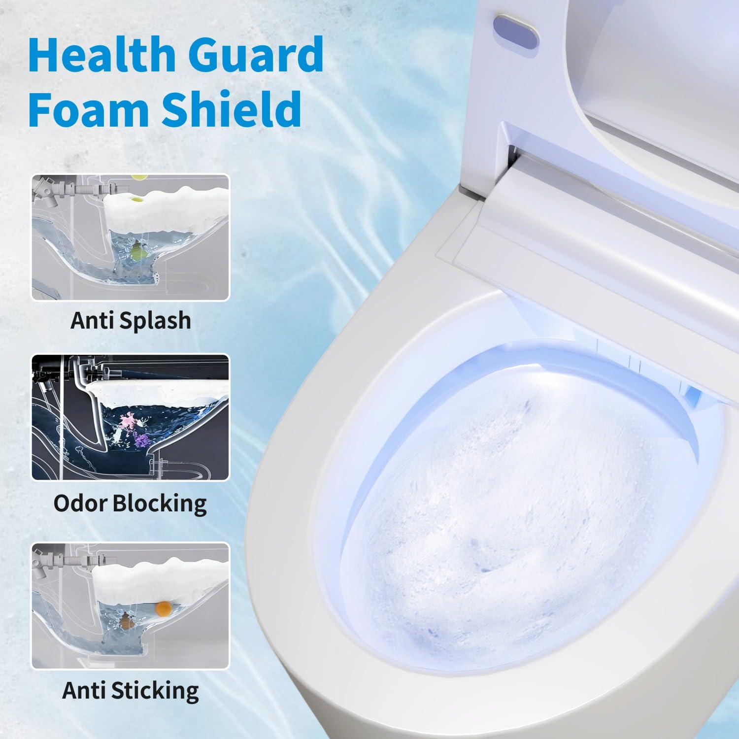 Smart Toilet with Powerful Flush, Auto Open/Close Lid, Foot Sensor,One Piece Toilet with Elongated Heated Seat,Foam Shield,Soft Close, Tankless Toilet with Fahrenheit Temp Display, Night Light.