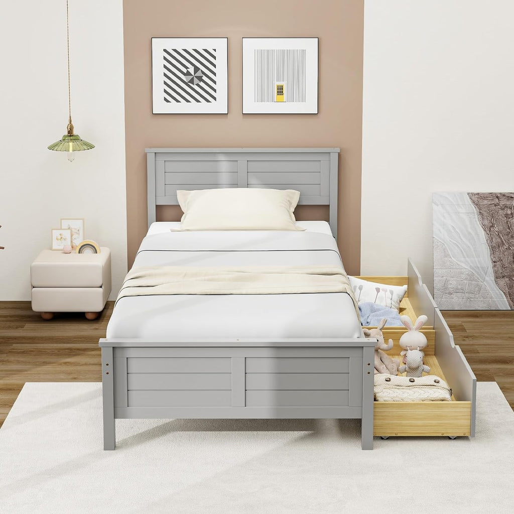 Giantex Wood Twin Bed with 2 Storage Drawers, Solid Wood Platform Bed with Headboard, Wooden Slats Support Mattress Foundation, No Spring Needed, Twin Bed Frame for Kids, Teens, Adults, Grey