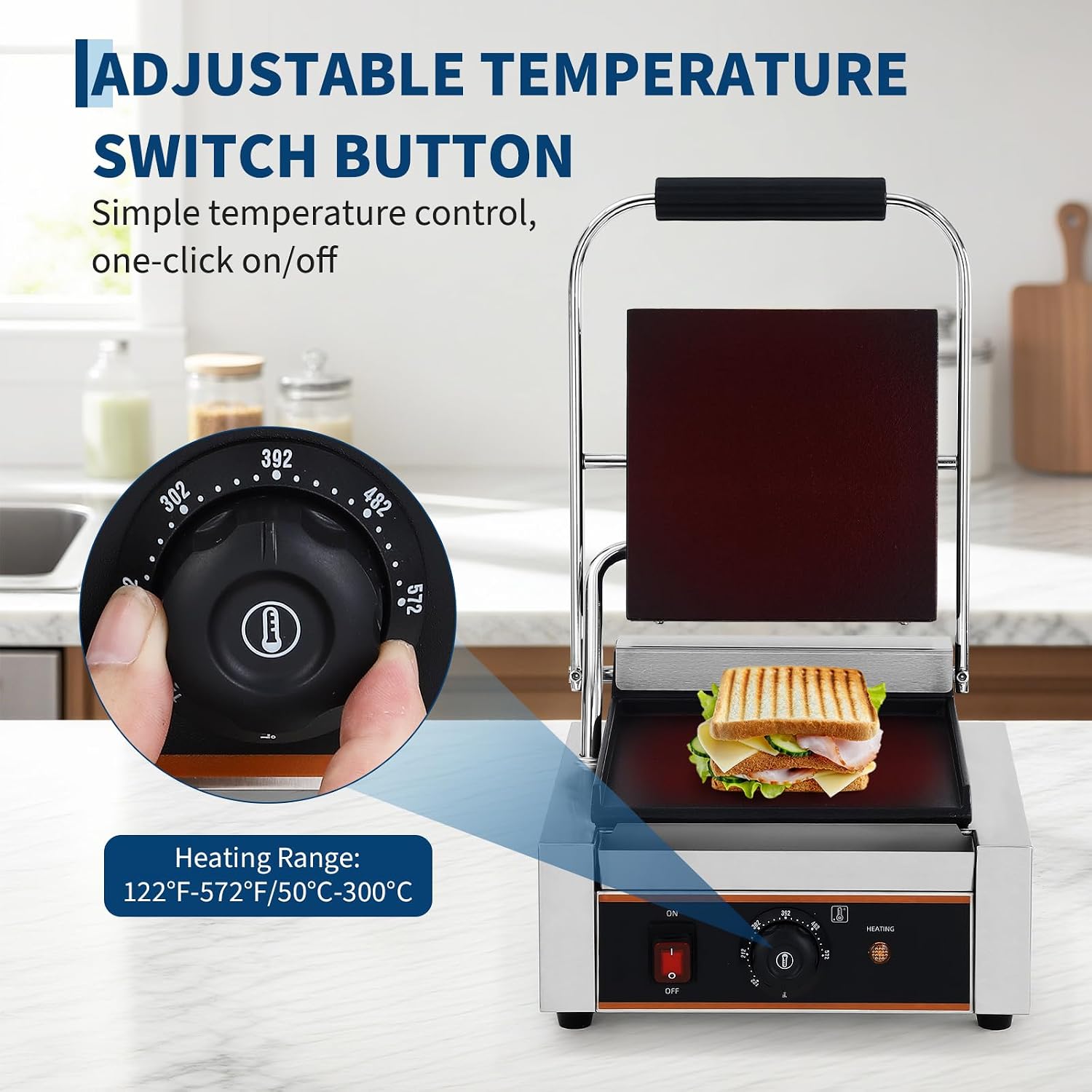 YS-811C 1800W Commercial Panini Press & Electric Grill, 9x9 Inch Sandwich Maker with 6-Temp Control, 110V Indoor Grill for Burgers, Panini, Breakfast, Silver