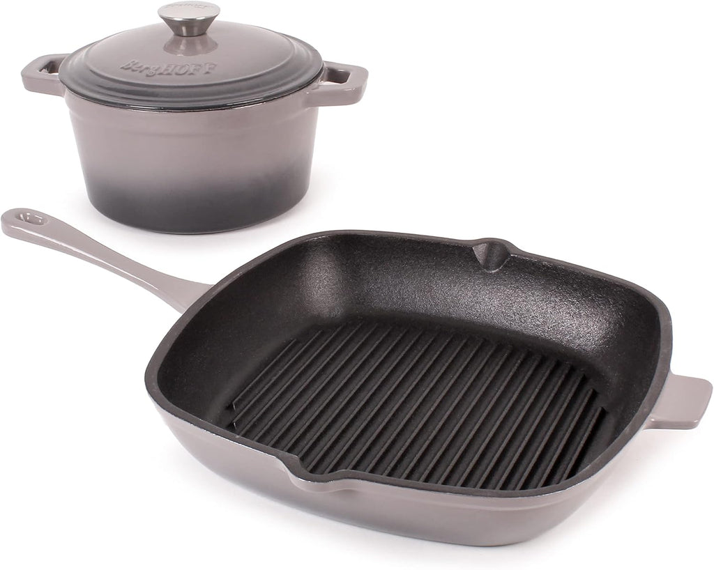 BergHOFF 3Pc Neo Enameled Cast Iron Cookware Set, 3qt. Dutch Oven, Matching Lid, Square Grill Pan 11 Inches, Oven Safe Up To 400°F, Oyster