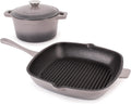 BergHOFF 3Pc Neo Enameled Cast Iron Cookware Set, 3qt. Dutch Oven, Matching Lid, Square Grill Pan 11 Inches, Oven Safe Up To 400°F, Oyster
