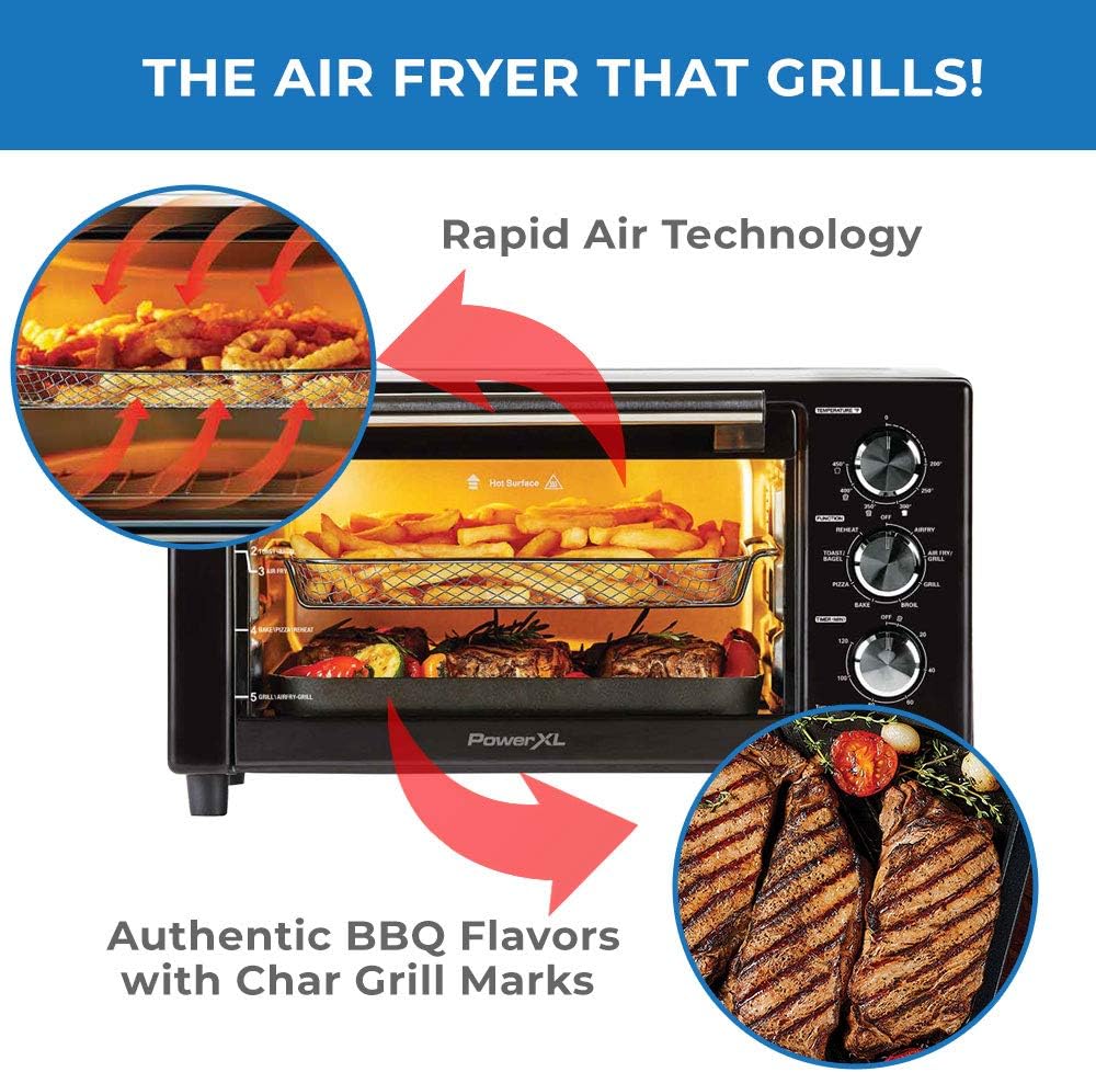 PowerXL Air Fryer Grill 8 in 1 Roast, Bake, Rotisserie, Electric Indoor Grill (Black Standard No Rotisserie) OPEN BOX