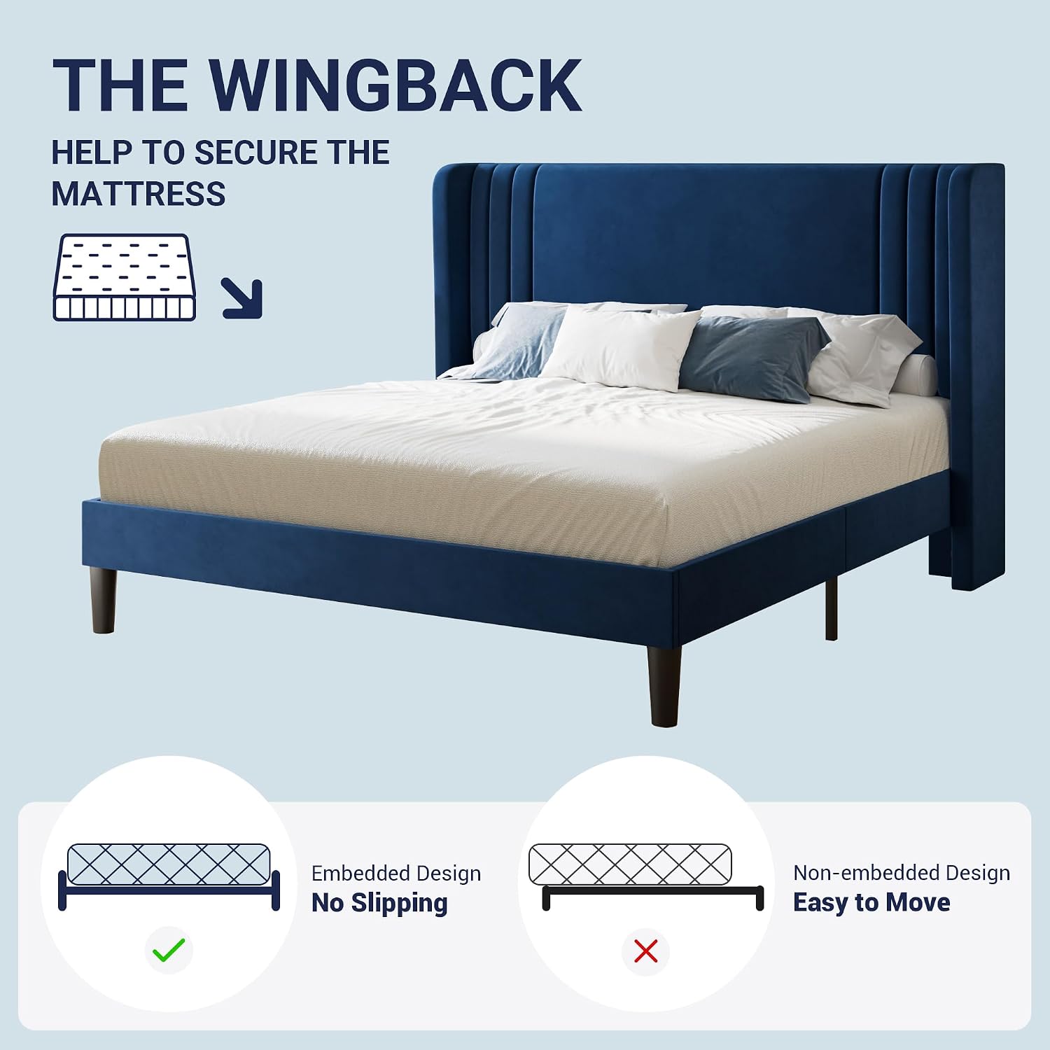 Allewie Full Size Velvet Platform Bed Frame with Vertical Tufted Wingback Headboard, Easy Assembly, Under Bed Storage, No Box Spring Required, Modern Style, Blue