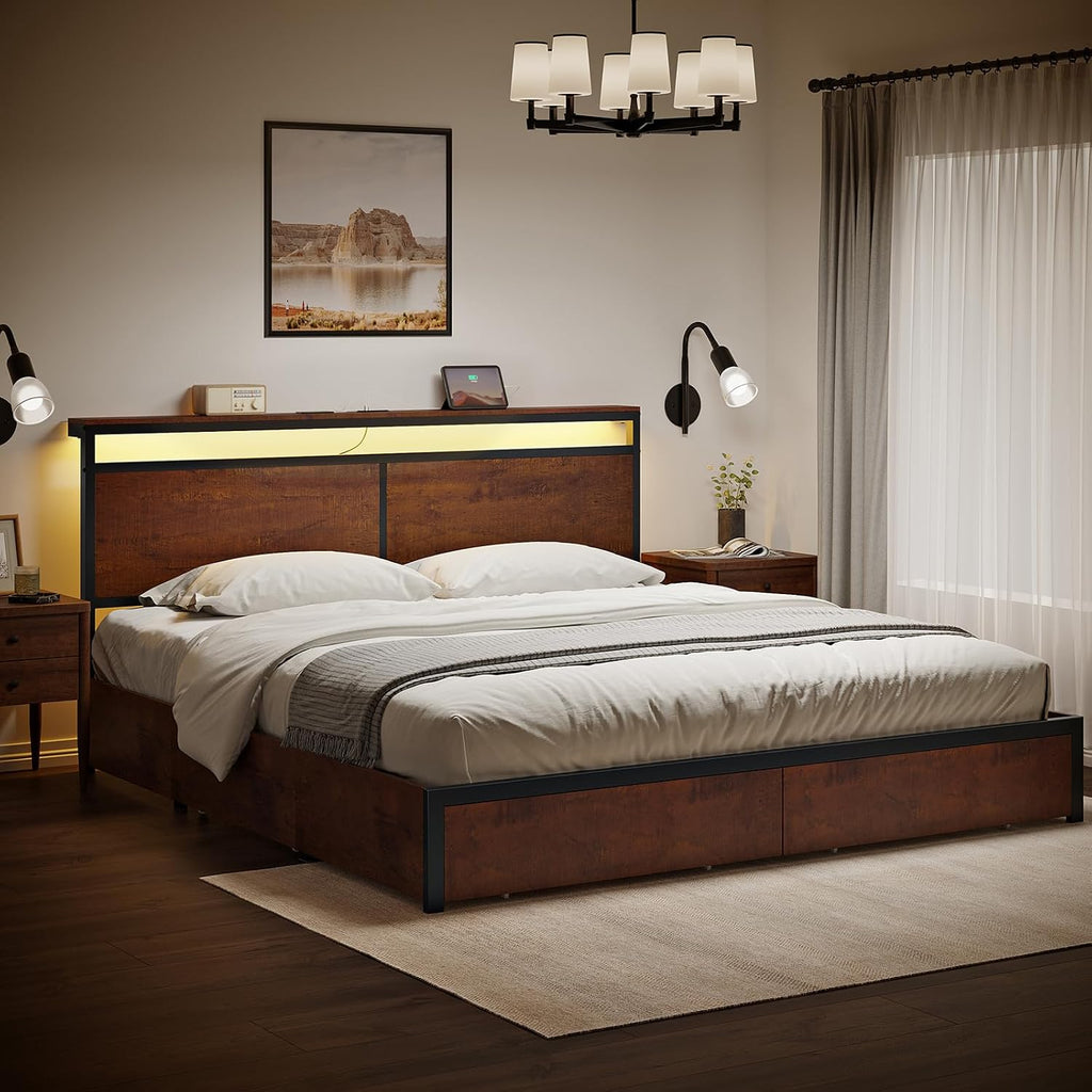 HAUSOURCE King Bed Frame with 4 Storage Drawers Metal Platform Bed Frame King Size with Headboard Charging Station LED Lights Non-Slip Without Noise No Box Spring Needed