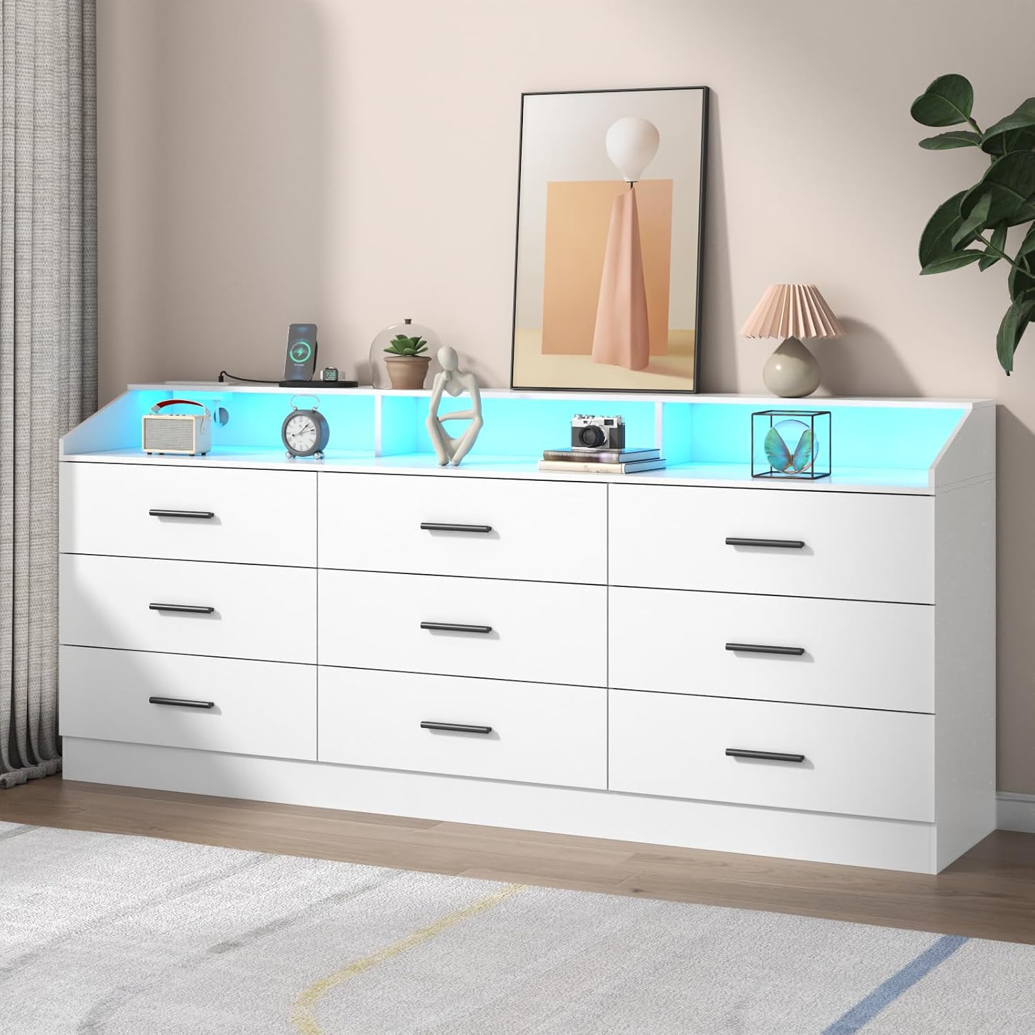 Gyfimoie 9 Drawers Dresser for Bedroom with Power Outlet, Chest of Drawers with LED Light, Modern Dressers with Open Storage Cubby, Triple Wide Dressers Organizer for Living Room (White)