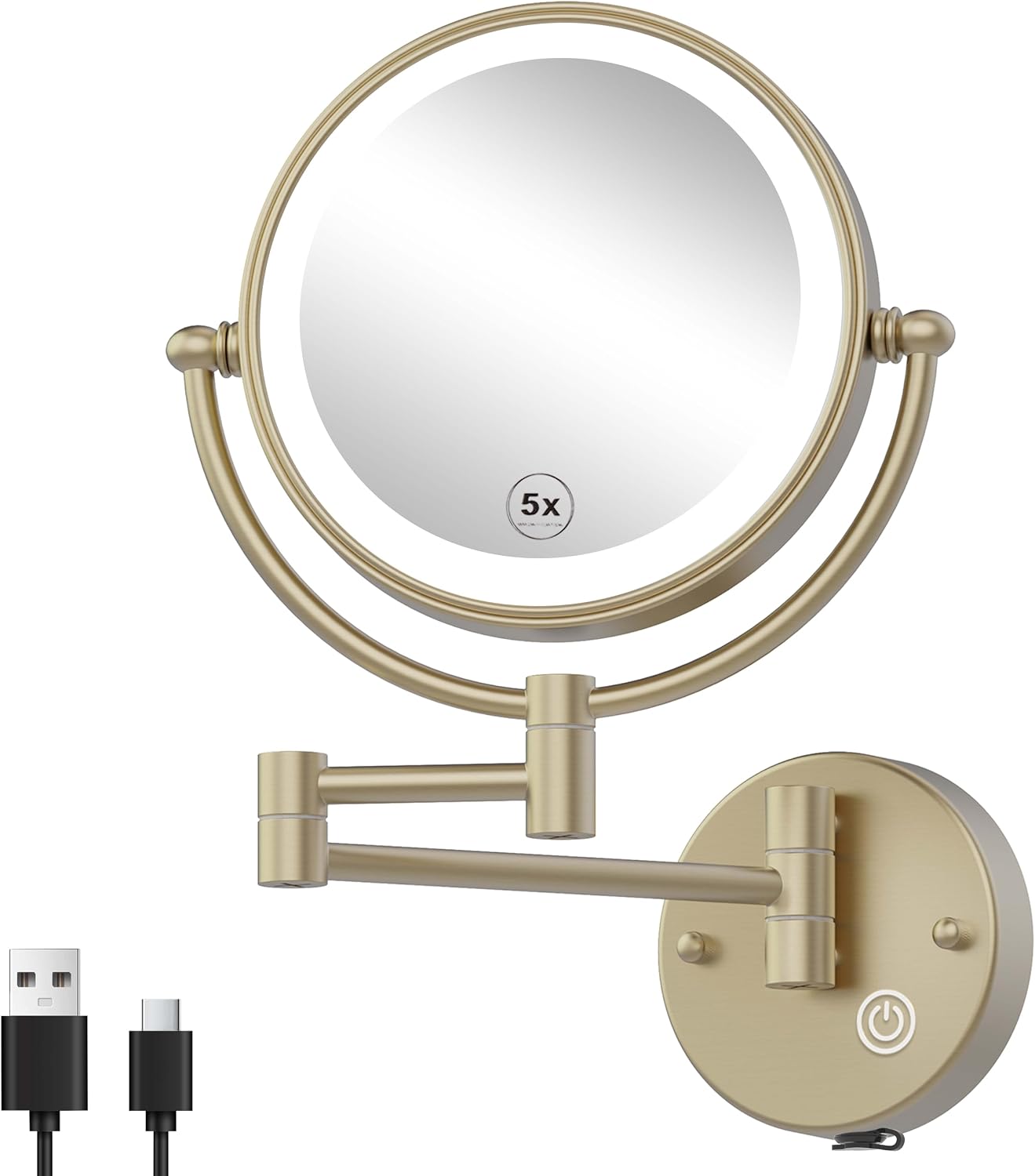 8' Rechargeable Brass Wall Mounted Magnifying Mirror with Lights, 1X/5X Cordless Double Sided 3-Colors LED Touch Dimmable Extended 360 Rotation Vanity Mirror for Bathroom, Satin Brushed Gold