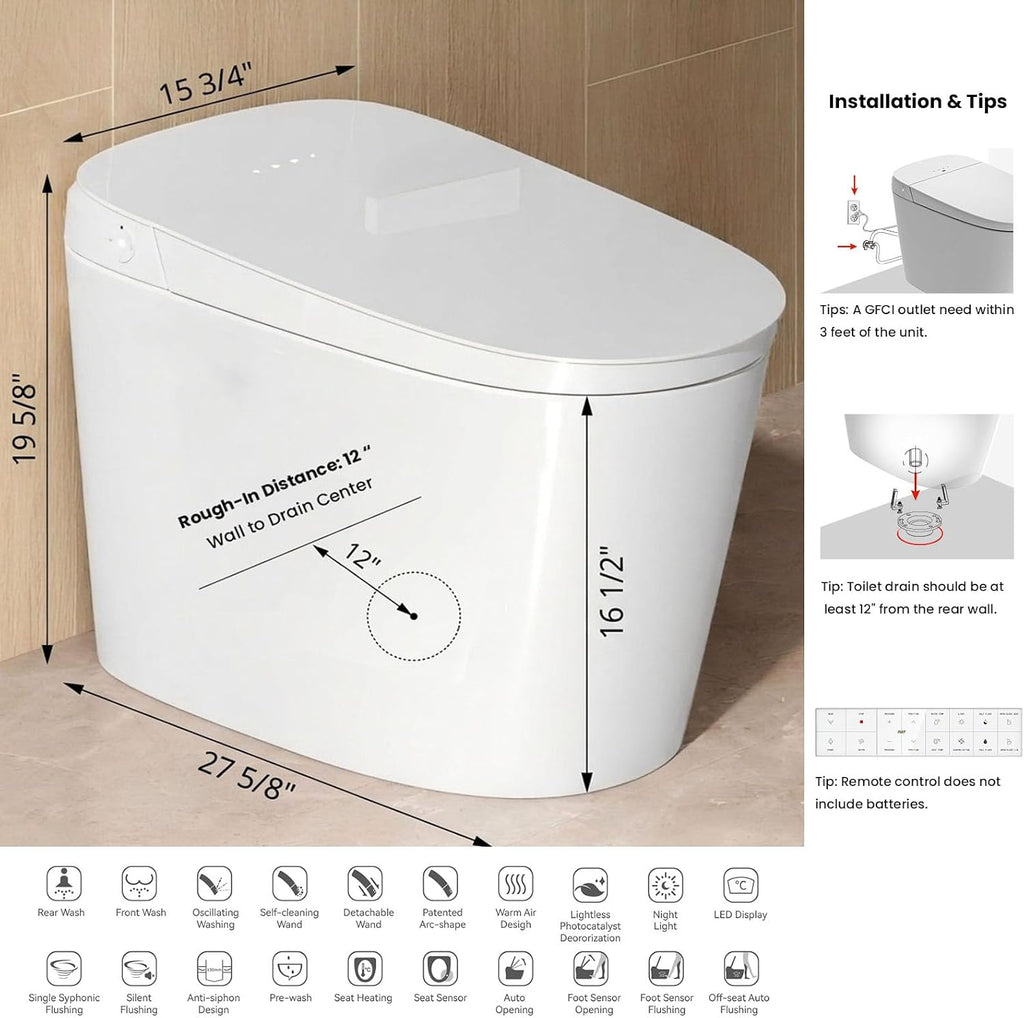 R&T U69-T One-Piece Smart Toilet with Pump-Assisted Flush & Built-in Tank, Chair Height Comfort - Auto Flush, Heated Seat, Warm Air Dryer, Auto Open Lid, Night Light, Deodorizer, Remote Control