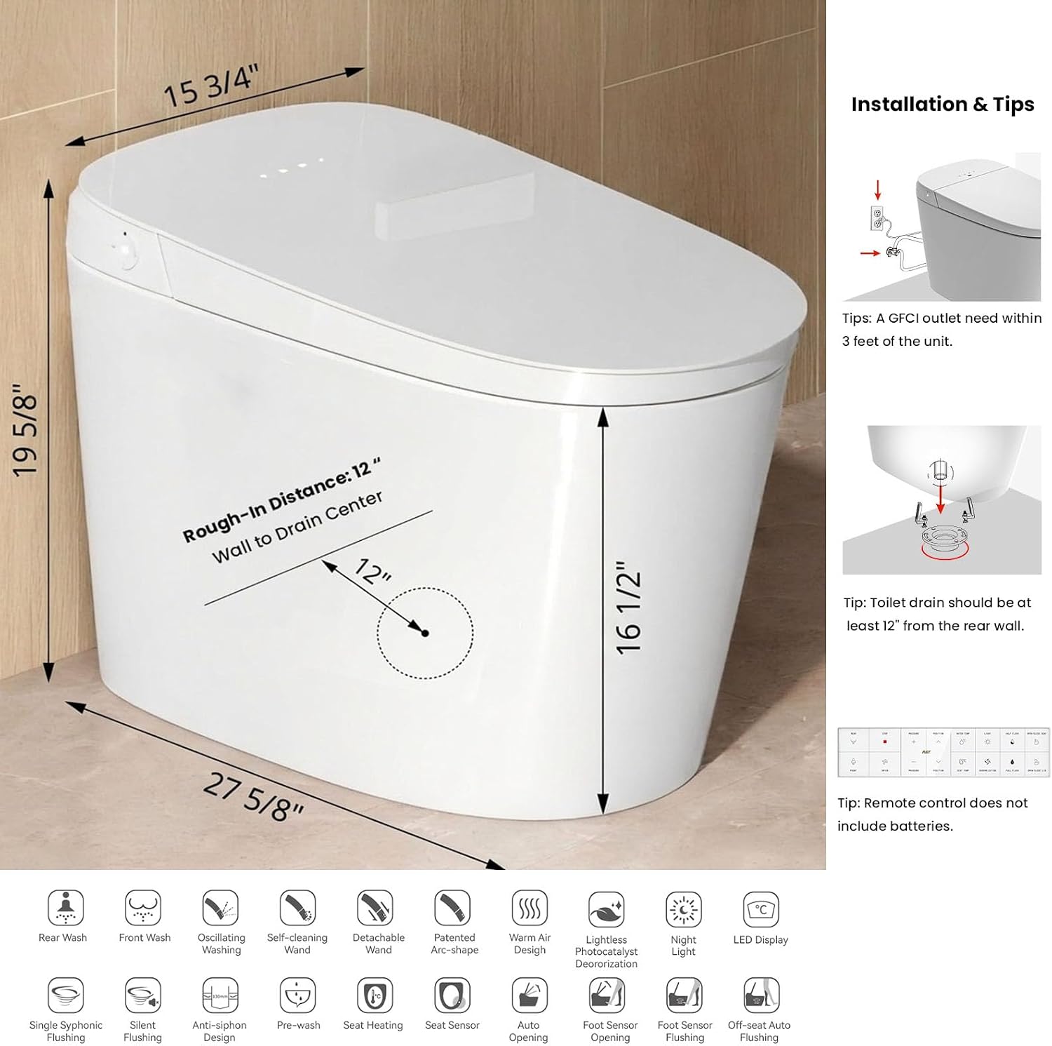 R&T U69-T One-Piece Smart Toilet with Pump-Assisted Flush & Built-in Tank, Chair Height Comfort - Auto Flush, Heated Seat, Warm Air Dryer, Auto Open Lid, Night Light, Deodorizer, Remote Control