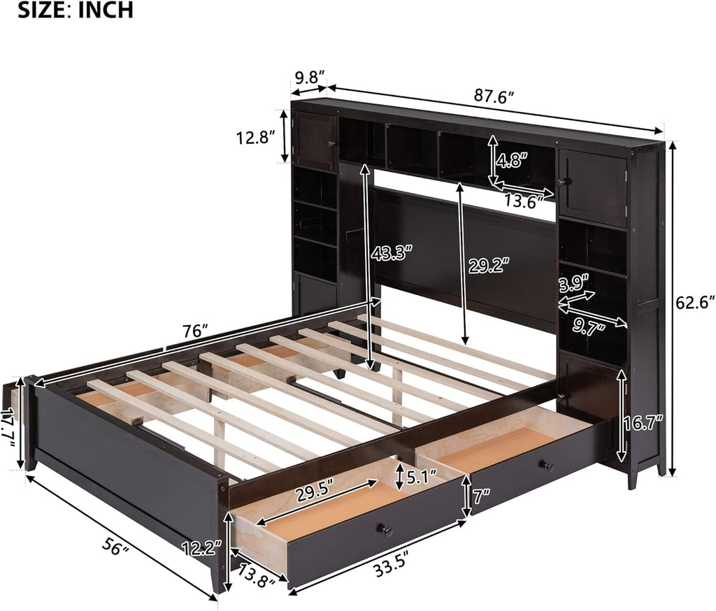 Harper & Bright Designs Full Size Platform Bed Frame with Bookcase Headboard and Drawers, Solid Wood Bed Frame with All-in-One Cabinet and Shelf for Saving Space, Espresso