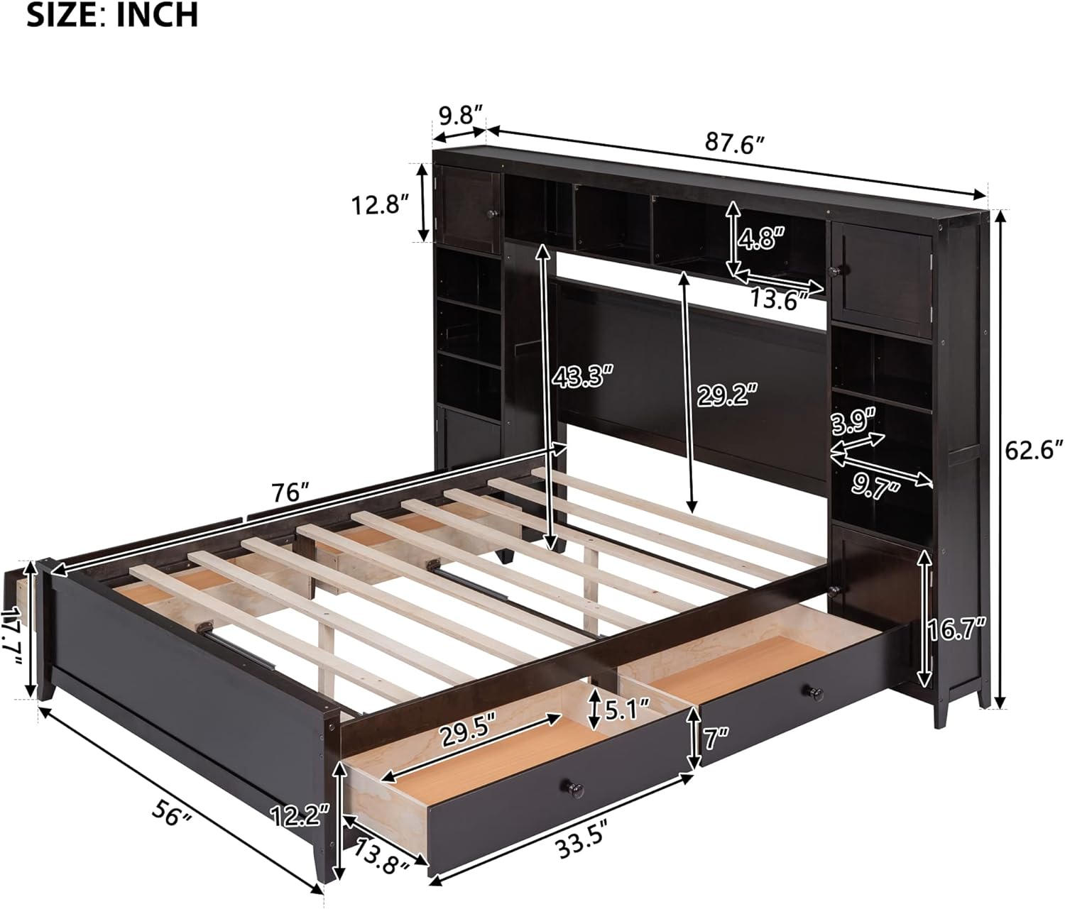 Harper & Bright Designs Full Size Platform Bed Frame with Bookcase Headboard and Drawers, Solid Wood Bed Frame with All-in-One Cabinet and Shelf for Saving Space, Espresso