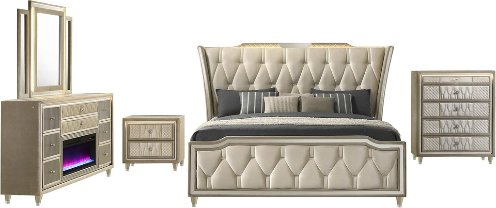Coaster Home Furnishings - Lorient - Wood - 5-Piece Bedroom Set with LED Wingback Bed, USB Port, Traditional Style and Flame Visualizer - Bedroom - Eastern King Size - Ivory and Camel - 222661KE-S5B