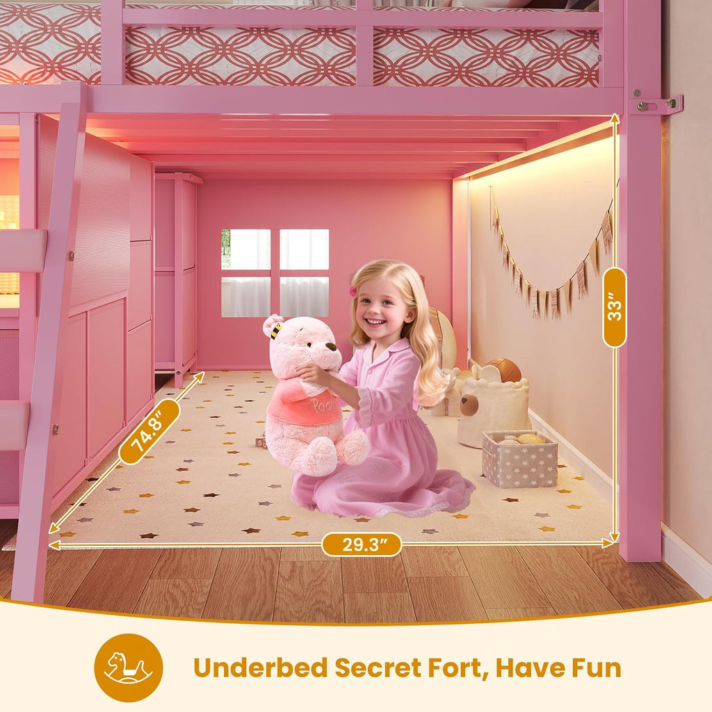 ADORNEVE Low Loft Bed Full Size with 7 Storage Drawers, Bookcase and LED Lights, Metal Kids Loft Bed with 14' H Safety Guardrail,Inclined Ladder and Play Curtain, Under-Bed Play Space, Pink