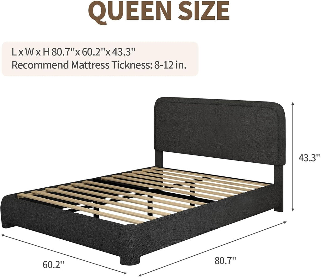 BarnFurin Queen Bed Frame, Boucle Upholstered Platform Bed Frame with Headboard, Soft Rounded Corners, No Box Spring Required, Non-Slip and Noise-Free, Easy Assembly, Black