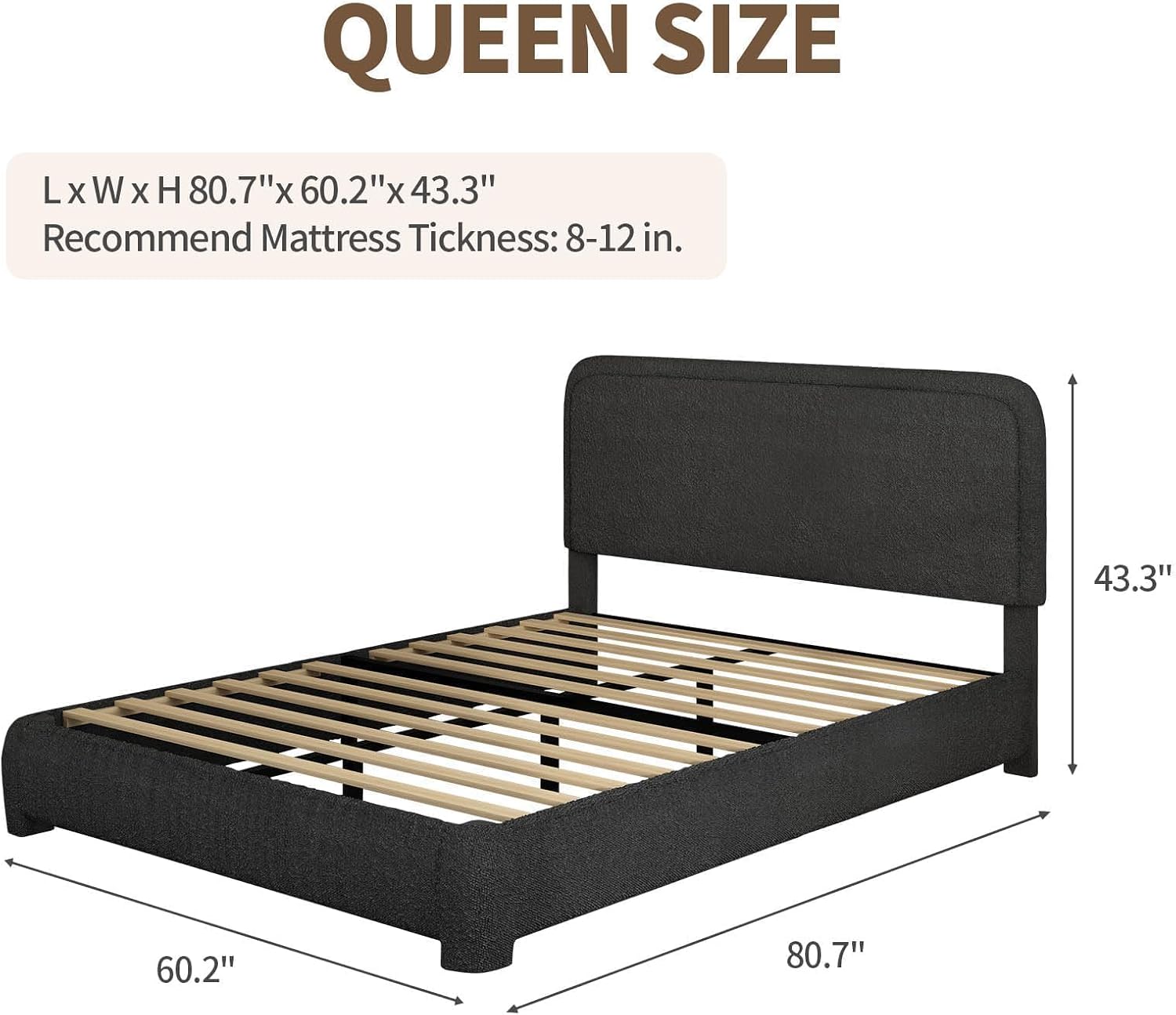 BarnFurin Queen Bed Frame, Boucle Upholstered Platform Bed Frame with Headboard, Soft Rounded Corners, No Box Spring Required, Non-Slip and Noise-Free, Easy Assembly, Black