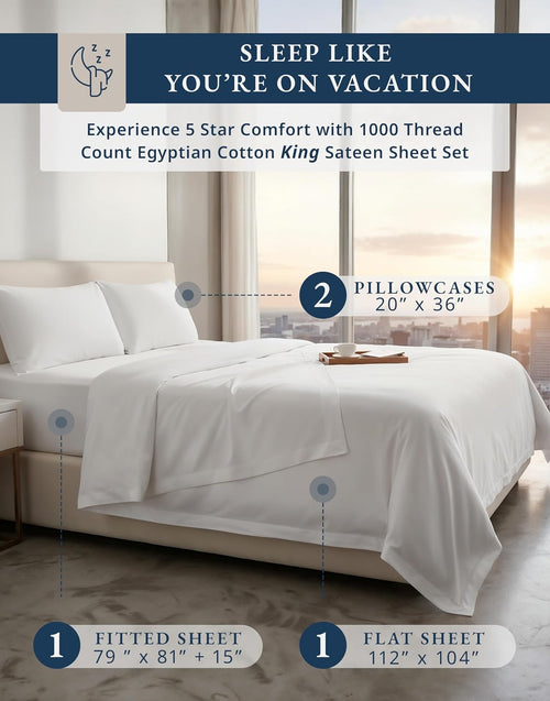 100% Egyptian Cotton Sheets King Size - 1000 Thread Count Silky Sateen King Size Sheets Set, Naturally Cooling & Breathable, Ultra-Soft Hotel Luxury Sheets with 15' Snug Fit Deep Pockets - White