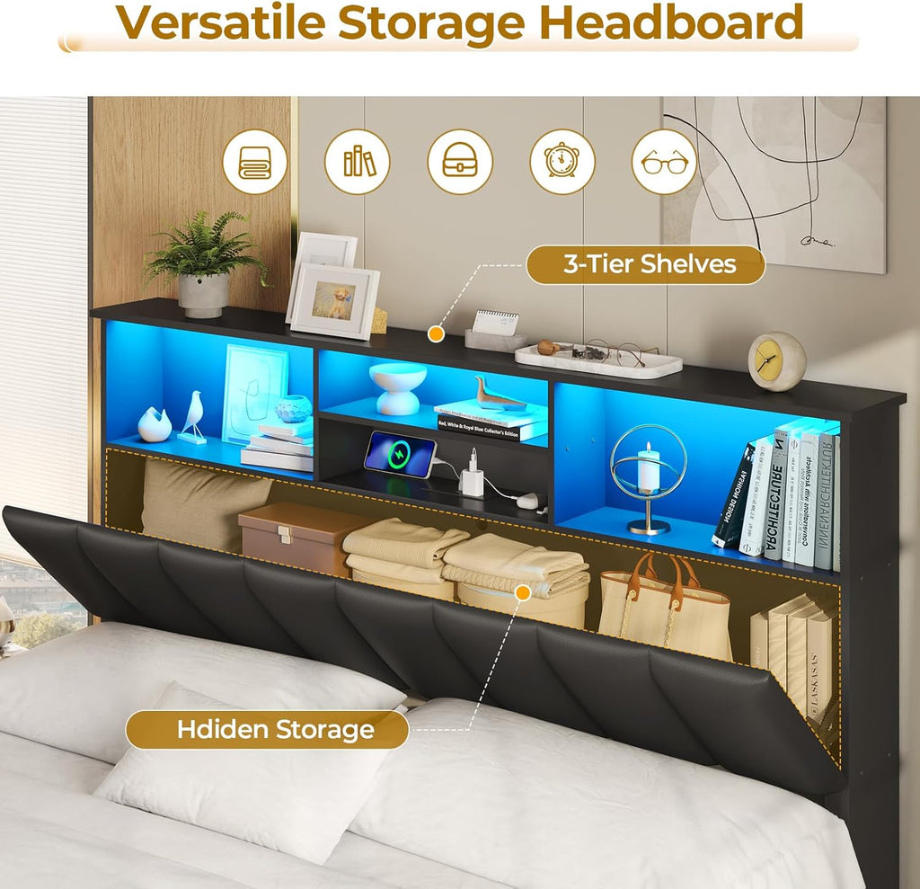 VIAGDO Full Size Bed Frame with Bookcase Headboard, Wooden Bed Frame Full Size with Charging Station, 4 Storage Drawers and LED Lights, with Type-C and USB, No Box Spring Needed, Black