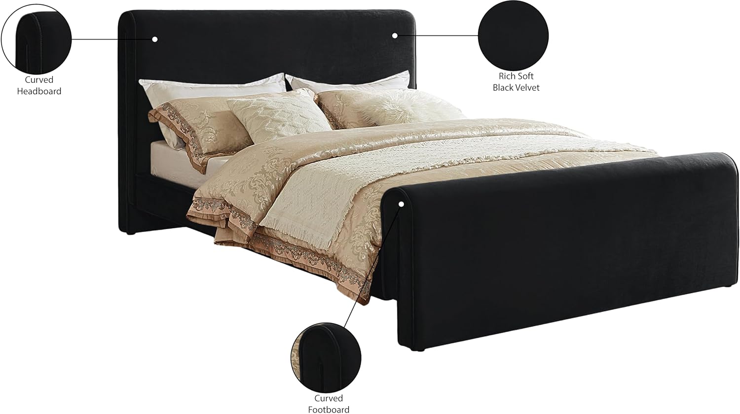 Meridian Furniture SloanBlack-Q Sloan Collection Modern | Contemporary Velvet Upholstered Queen Bed with Rich Soft Black Velvet, Curved Headboard and Footboard, 66' W x 96' D x 45' H, Black, Queen