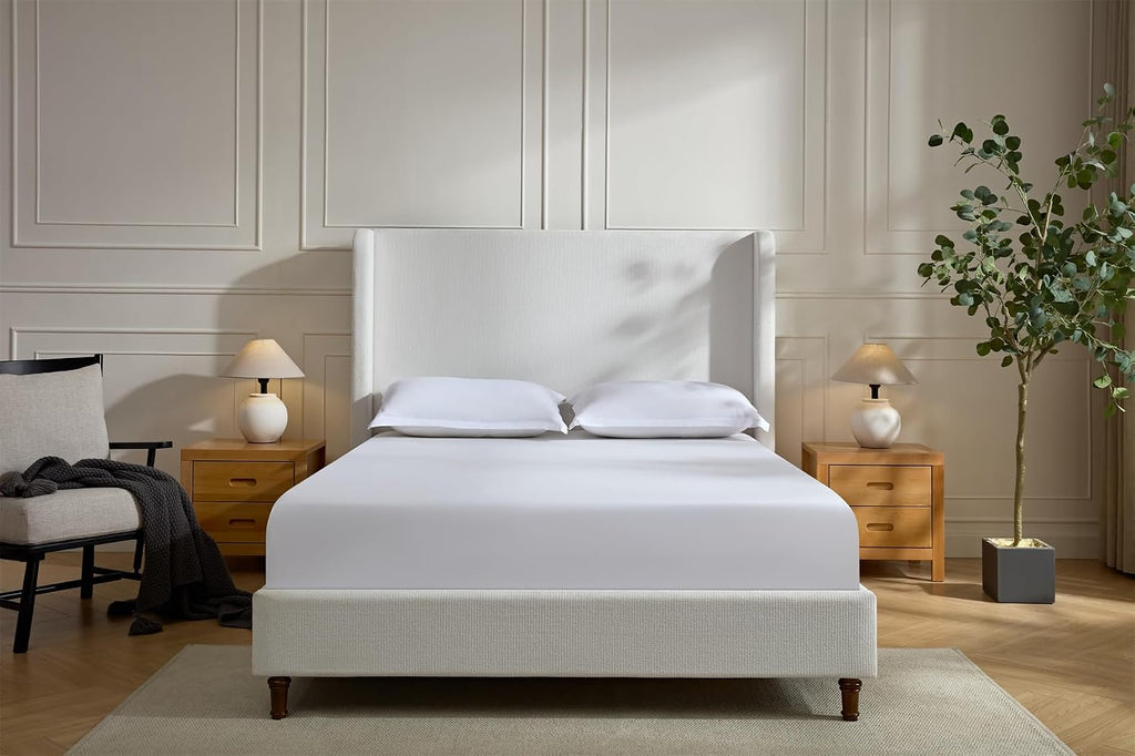 King Size Chenille Bed Frame with 54' Tall Headboard - Cream White Wingback Upholstered Platform Bed Elegant Simplicity Bedroom Furniture Strong Mattress Wood Slats Support No Box Spring Needed