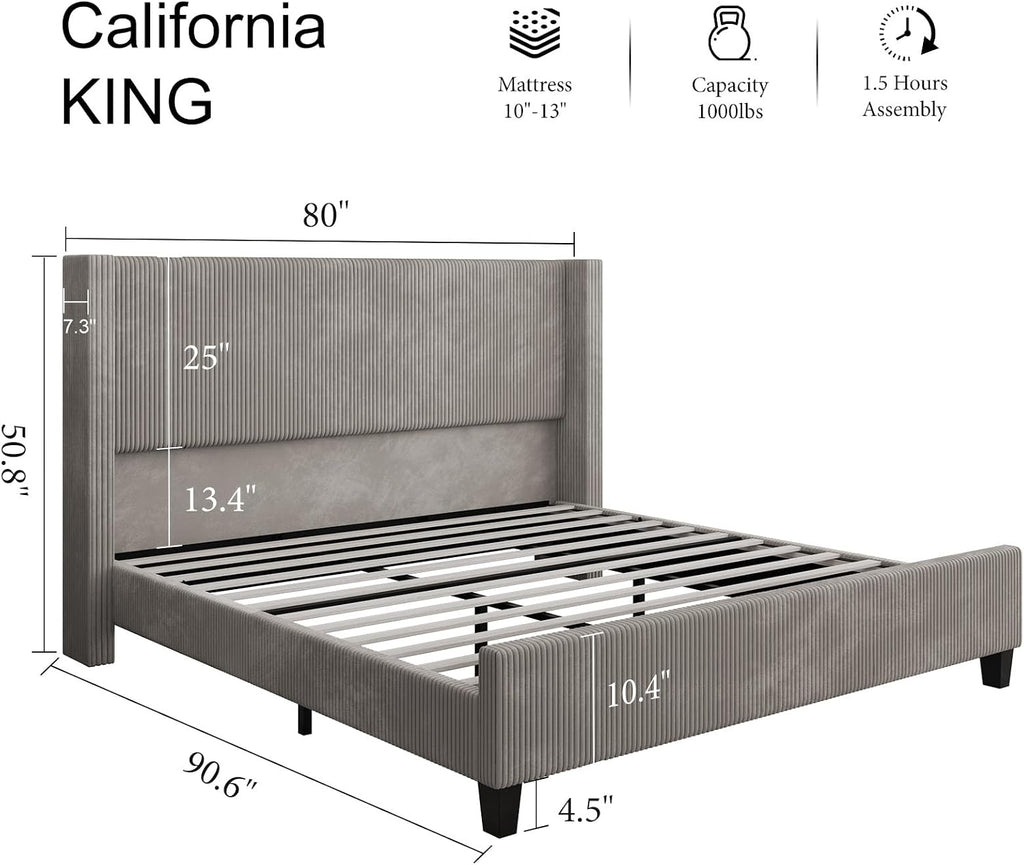HOWE California King Bed Frame with 50.8' Tall Wingback Headboard, Modern Corduroy Upholstered Platform Bed Frame with Solid Wood Slats & Legs, No Box Spring Needed, Noise-Reducing Design, Taupe