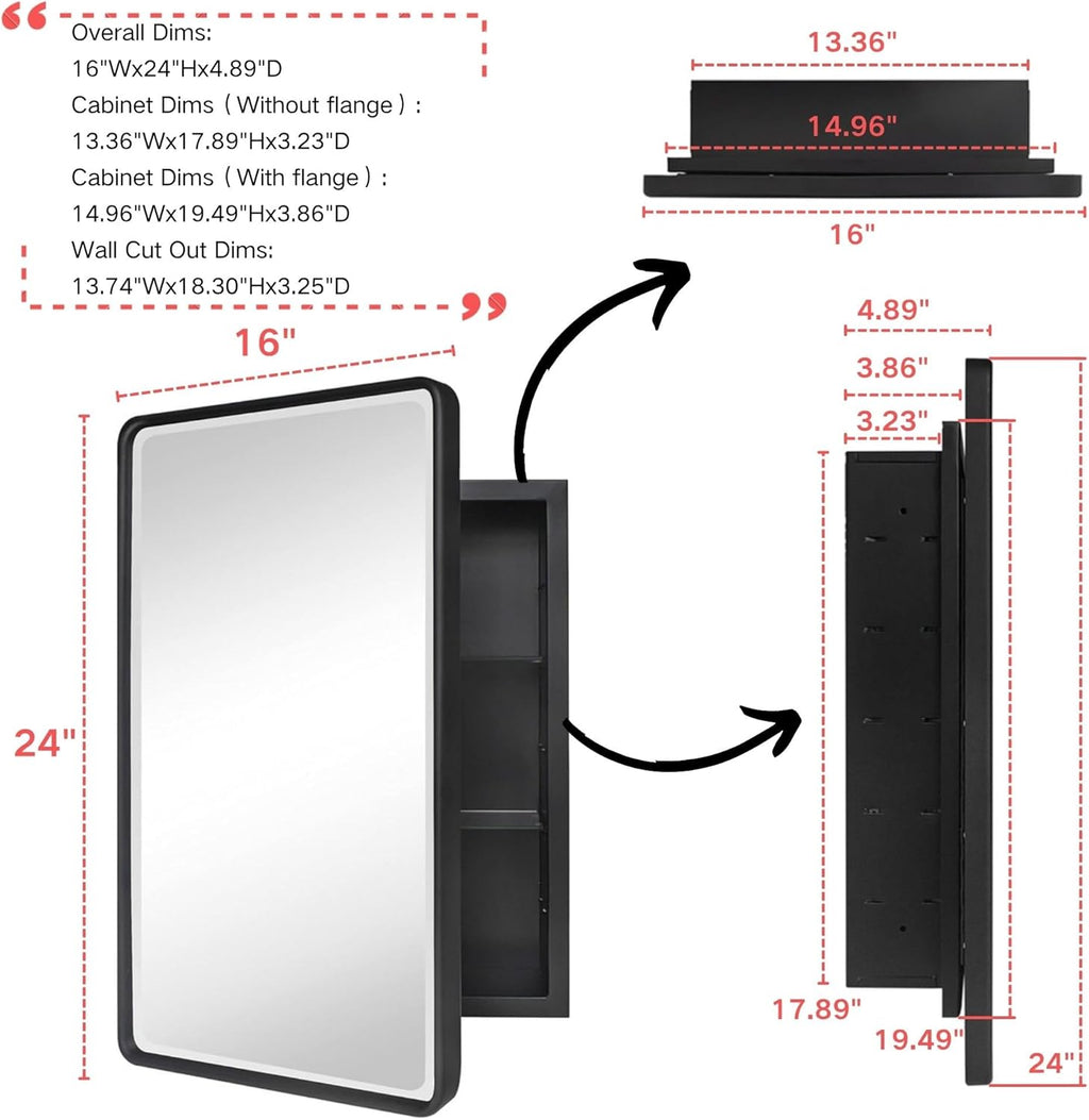 TEHOME Farmhouse Black Metal Framed Recessed Bathroom Medicine Cabinet with Beveled Mirror Rounded Rectangle Bathroom Medicine Cabinet 16x24 inch