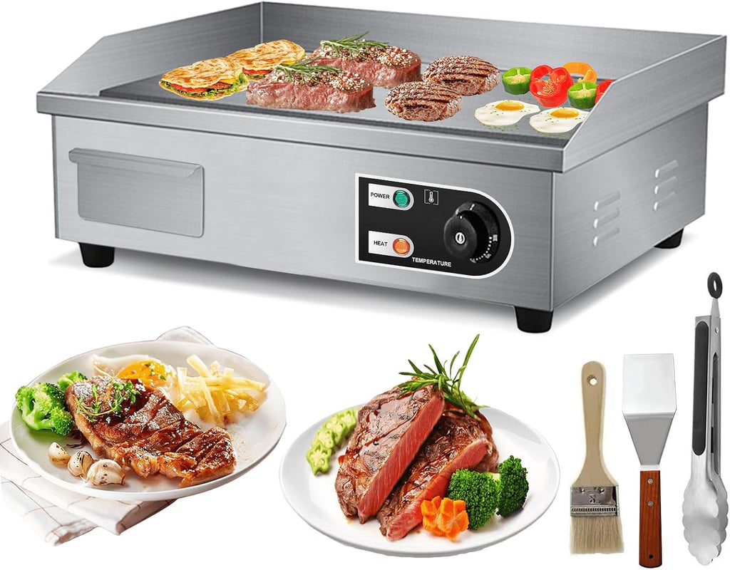 Shikha 22'' Electric Countertop Griddle,110V 3000W Non-Stick Commercial Restaurant Teppanyaki Grill Stainless Steel Adjustable Temperature Control 122°F-572°F