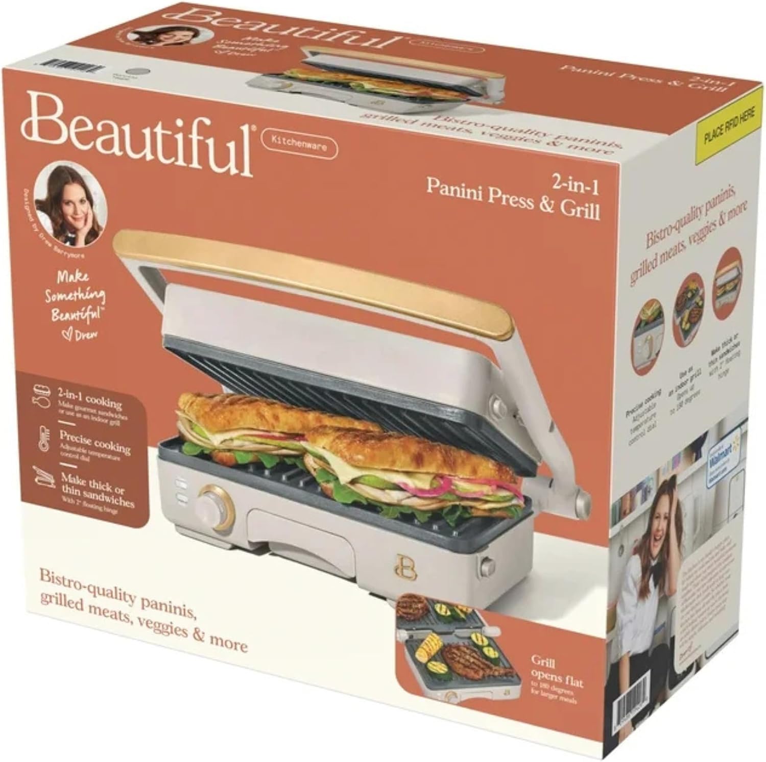 Panini Press Indoor Grill 2-in-1 Electric Contact Grill with Removable Nonstick Plates, 1200W Adjustable Temperature Sandwich Maker (Porcini Taupe)