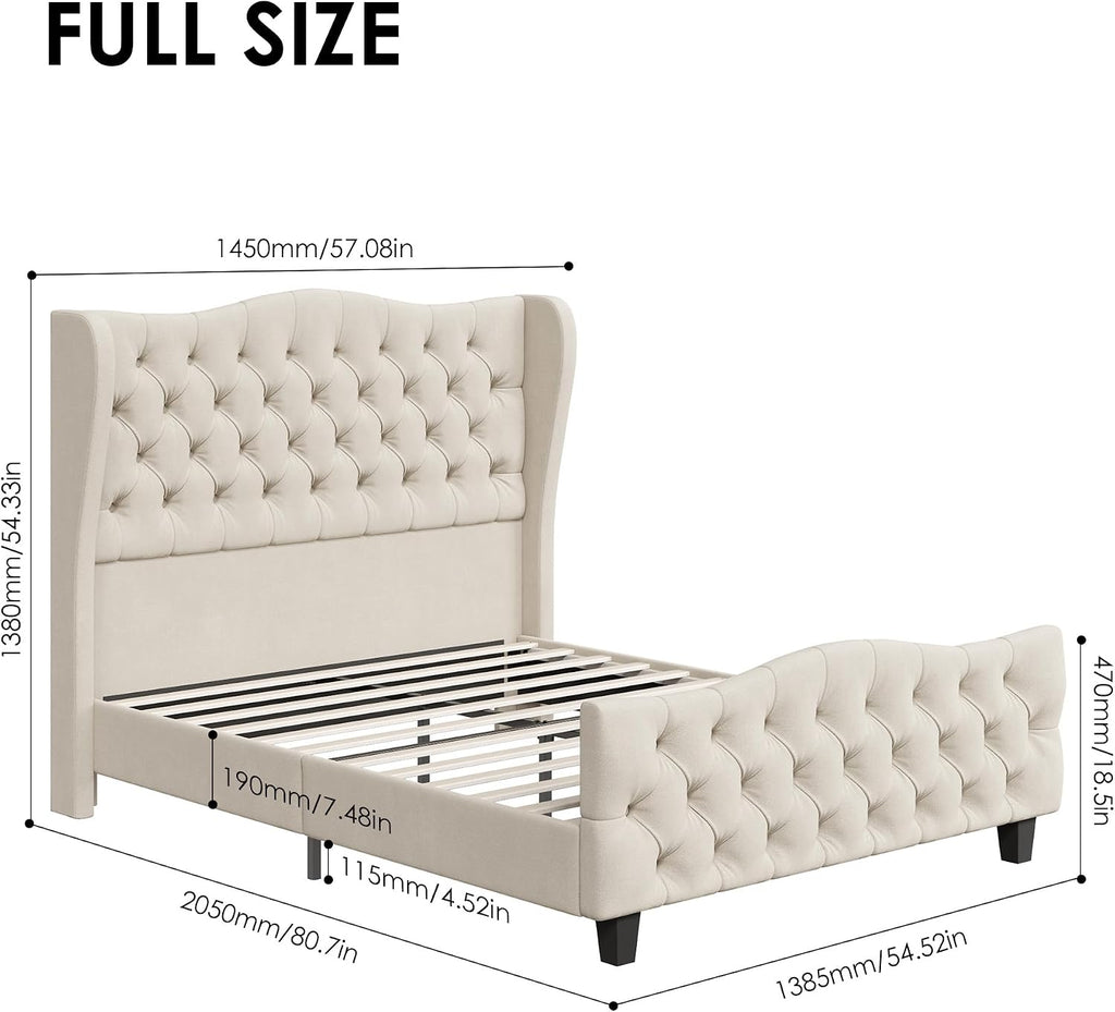 Keyluv Full Size 54.3' Tall Platform Bed Frame with Deep Button Tufted Wingback Headboard and Footboard, Velvet Upholstered Bed Frame with Handmade Pleats, No Box Spring Needed, Beige/Cream
