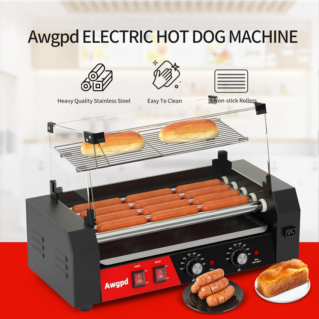 Hot Dog Roller Machine, Hot Dog Roller 5 Rollers 12 Hot Dogs Capacity, Hot Dog Roller with Glass Cover, Drip Tray, Dual Temperature Control for Commercial and Household Use (5 Rollers+Cover)