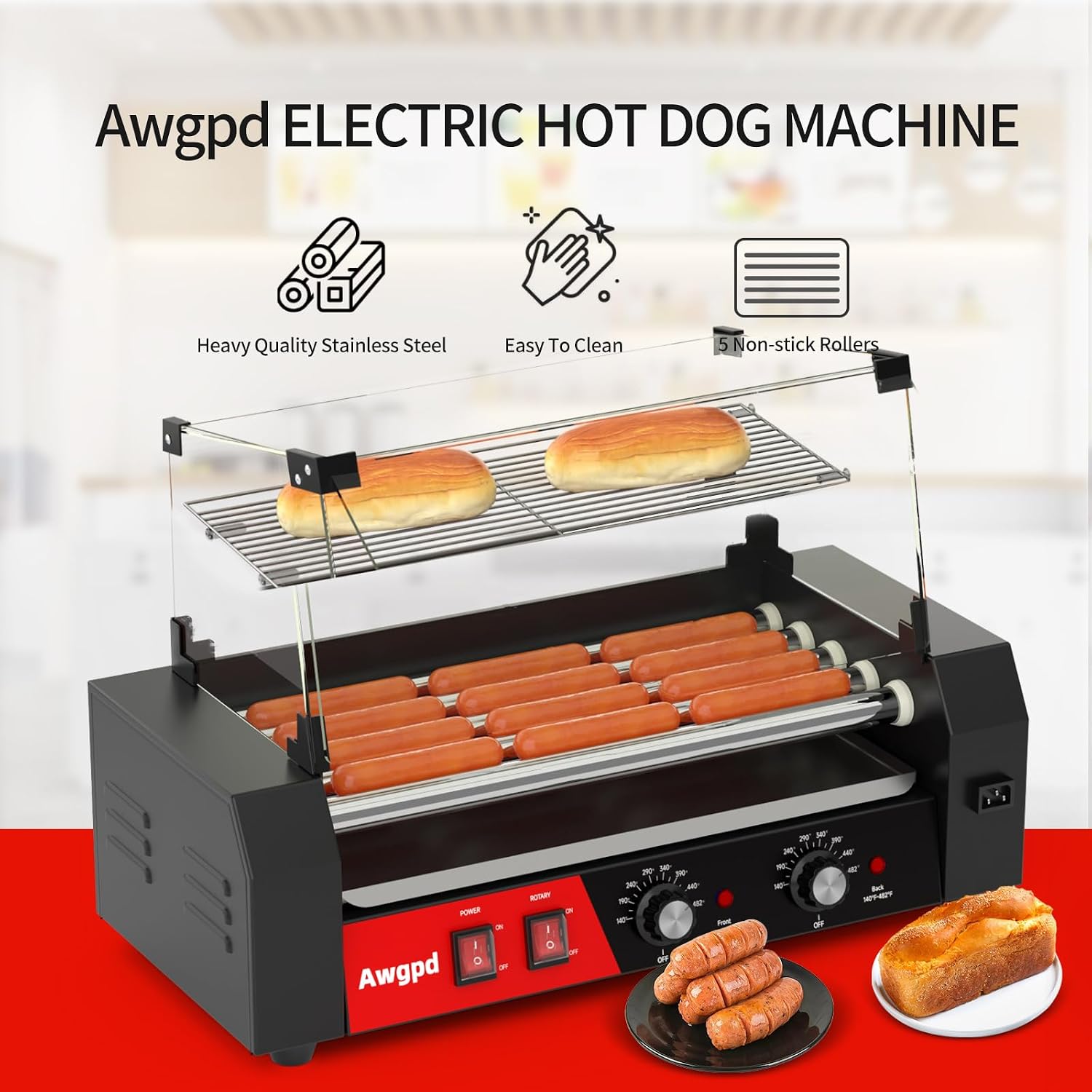 Hot Dog Roller Machine, Hot Dog Roller 5 Rollers 12 Hot Dogs Capacity, Hot Dog Roller with Glass Cover, Drip Tray, Dual Temperature Control for Commercial and Household Use (5 Rollers+Cover)