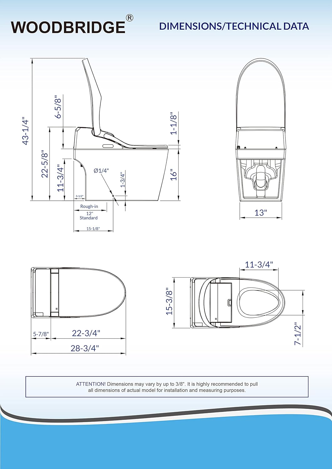 WOODBRIDGE B0960S Auto Flush, Auto Open & Auto Close, 1.28 GPF Single Flush Toilet with Intelligent Smart Seat and Wireless Remote Control, Chair Height
