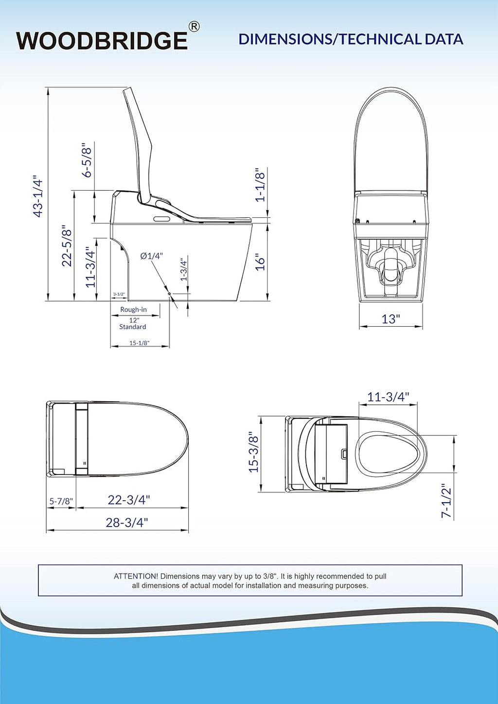 WOODBRIDGE B0960S Auto Flush, Auto Open & Auto Close, 1.28 GPF Single Flush Toilet with Smart Toilet Seat and Wireless Remote Control, Chair Height