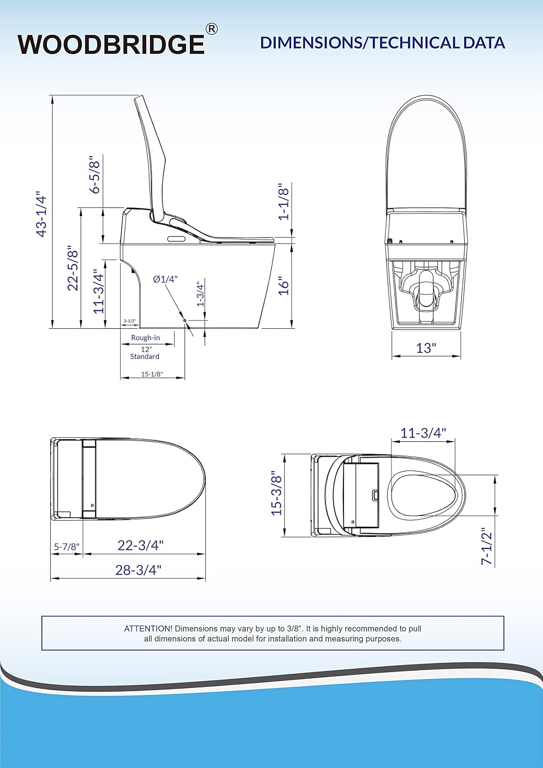 WOODBRIDGE B0960S Auto Flush, Auto Open & Auto Close, 1.28 GPF Single Flush Toilet with Smart Toilet Seat and Wireless Remote Control, Chair Height