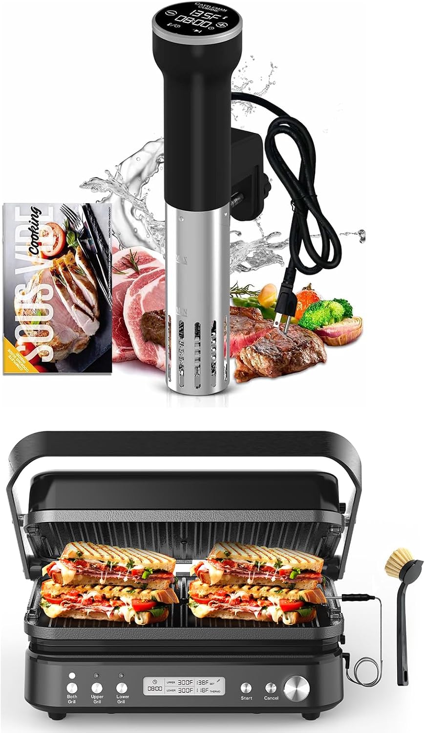 Sous Vide Cooker WiFi & 5 in 1 Smokeless Indoor Grill & Griddle with Meat Thermometer, PFAS Free Ceramic Nonstick