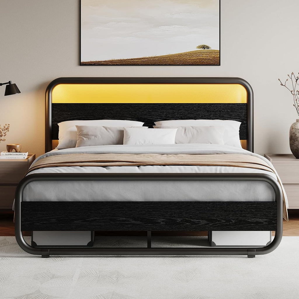 Catrimown Full Size Bed Frame with LED Lights, Heavy Duty Metal Rustic Platform Bed Frame Full Size with Wood Headboard, Noise Free, No Box Spring Needed, Black