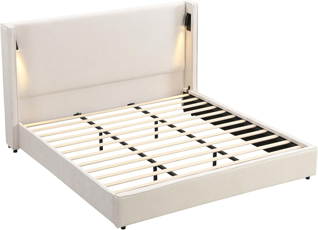 Christopher Knight Home Hazel 45.70'H California King Bed Frames, Linen Upholstered Cal King Bed Frame, Slats Panel Support, No Spring Box Needed, Wingback Headboard with Reading Lamps and USB, Beige