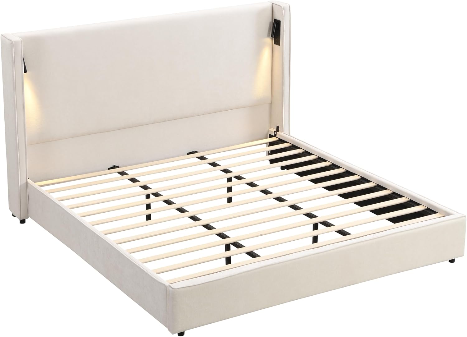 Christopher Knight Home Hazel 45.70'H California King Bed Frames, Linen Upholstered Cal King Bed Frame, Slats Panel Support, No Spring Box Needed, Wingback Headboard with Reading Lamps and USB, Beige