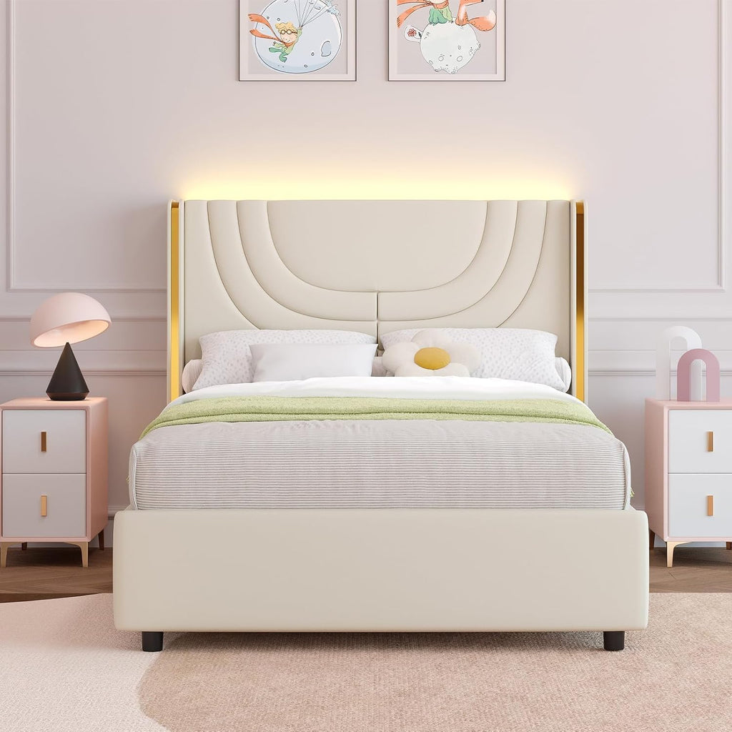 REVOMINCA Twin Upholstered Bed Frame with LED Lights, Faux Leather Platform Bed Frame with Silver Wingback Headboard, Modern Style, No Box Spring Needed, Easy Assembly, Cream