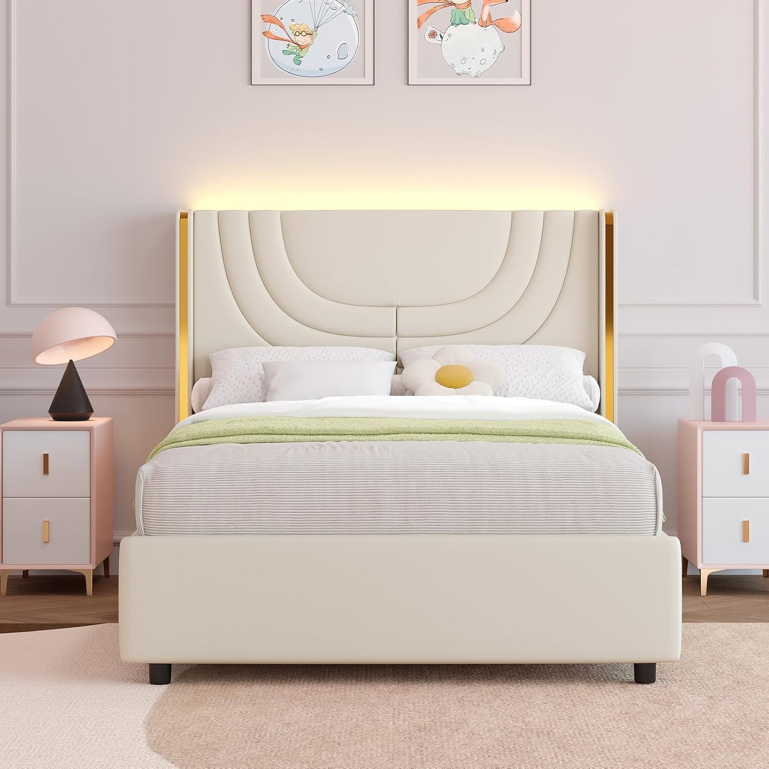 REVOMINCA Twin Upholstered Bed Frame with LED Lights, Faux Leather Platform Bed Frame with Silver Wingback Headboard, Modern Style, No Box Spring Needed, Easy Assembly, Cream
