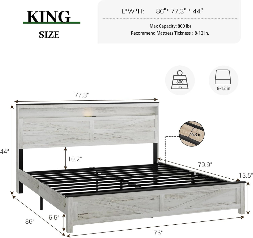 King Size Bed Frame with Headboard, Rustic Farmhouse Wood Bed Frame with LED Lights and Charging Station, Easy Assembly, No Box Spring Needed (White, King)