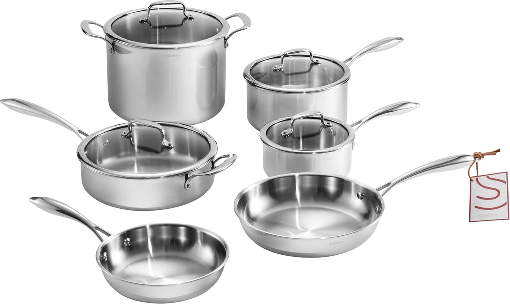 10 Piece Stainless Steel Pot and Pan Set, 5 Ply Clad, Includes Frying Pans, Saucepans, Saute Pan and Stock Pot, Compatible with All Cooktops, PTFE, PFAS and PFOA Free