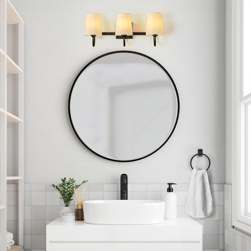 Globe Electric 63000206 5-Piece All-in-One Bathroom Set, 3-Light Vanity Light, Matte Black, Linen Shades, Towel Bar, Robe Hook, Toilet Paper Holder, Towel Ring, Bathroom Lights Over Mirror