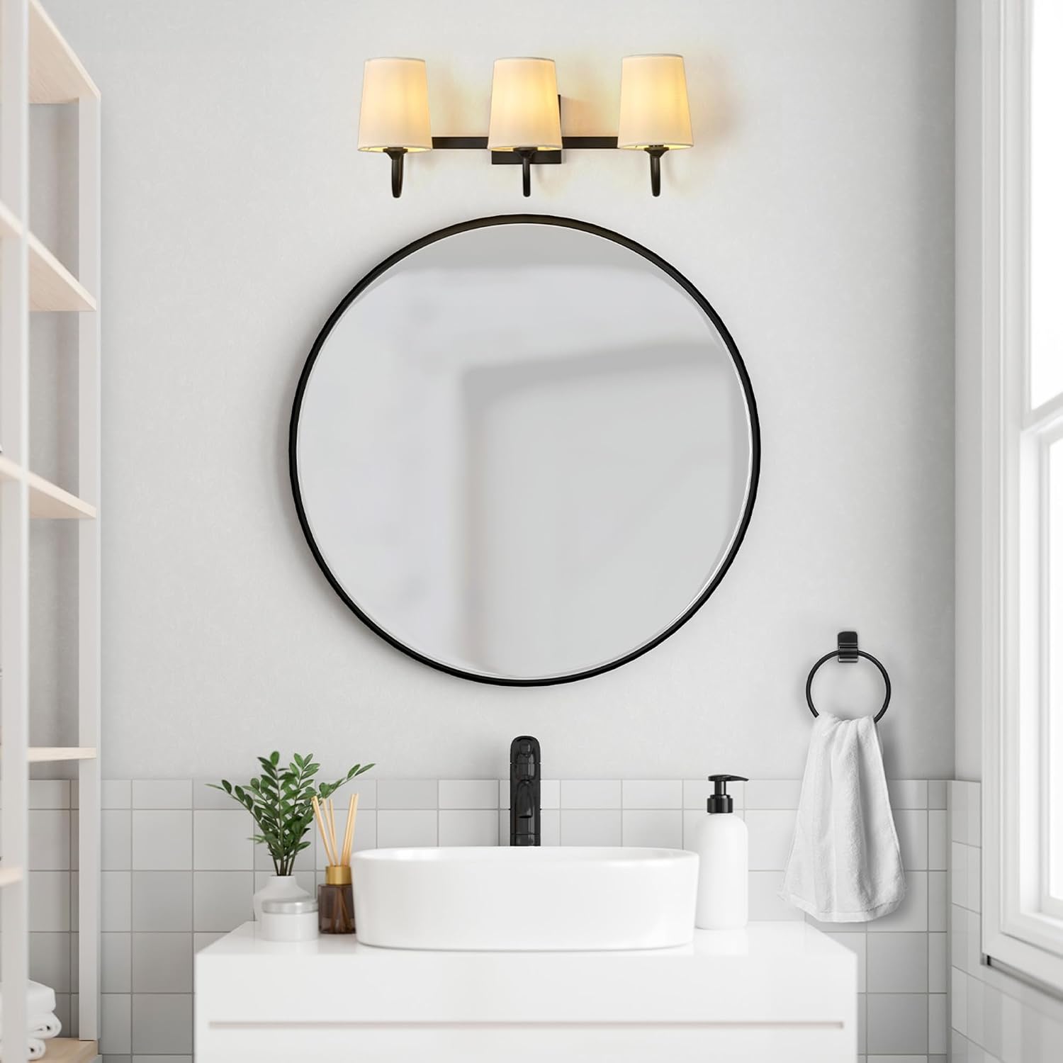 Globe Electric 63000206 5-Piece All-in-One Bathroom Set, 3-Light Vanity Light, Matte Black, Linen Shades, Towel Bar, Robe Hook, Toilet Paper Holder, Towel Ring, Bathroom Lights Over Mirror