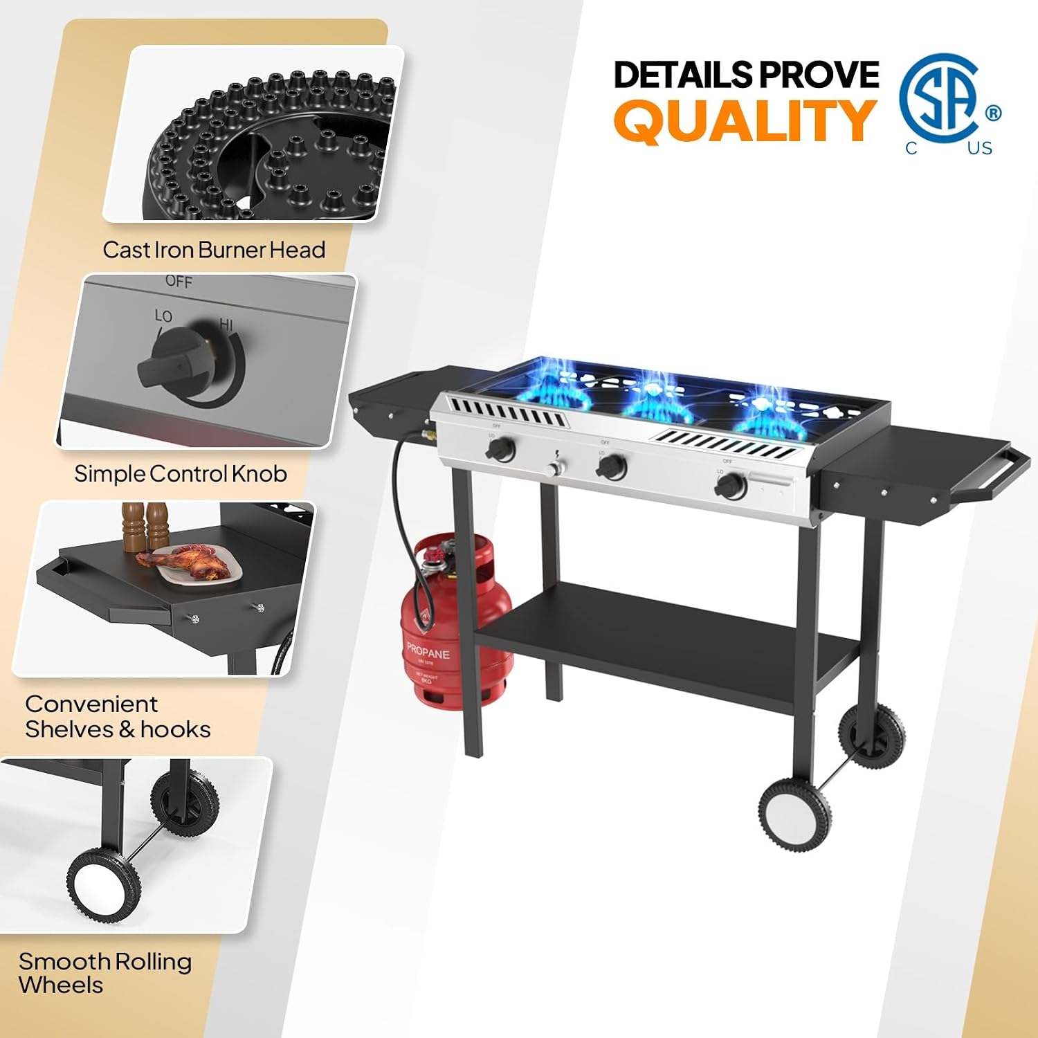 Bonnlo 3 Burner Propane Stove with Inginition, 225000BTU Gas Stove with Side Table Storage Shelf and Portable Rolling Wheels, Gas Burner for Outdoor Camping Patio Backyard Cooking Boiling Frying